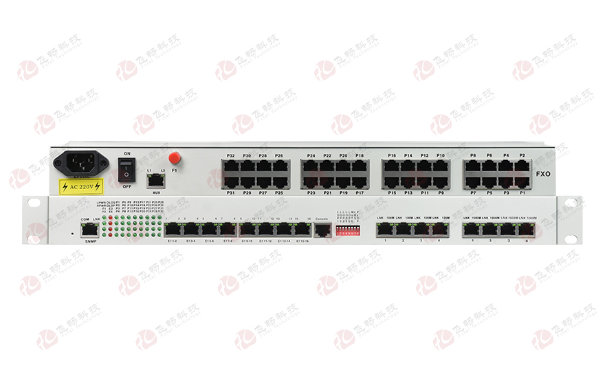 飛暢科技-32路電話+16E1+4FE+4GE+2路數(shù)據(jù)+SNMP+console（19英寸，物理隔離）電話光端機(jī)